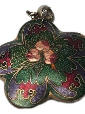 Vintage Cloissonne Enamel Floral Pendant Gold Tone Asian Style Flower Charm